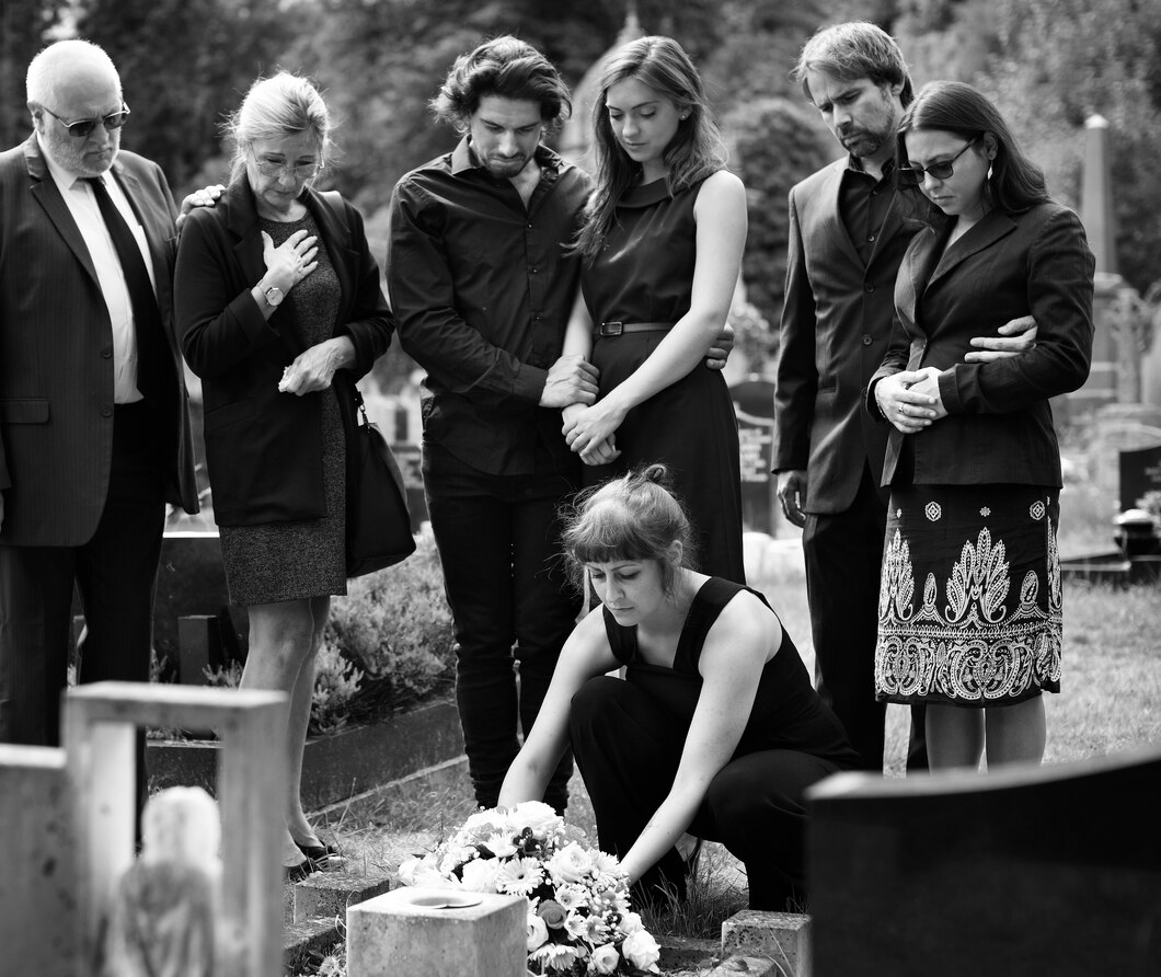 Bland and white photo of people at a grave site.